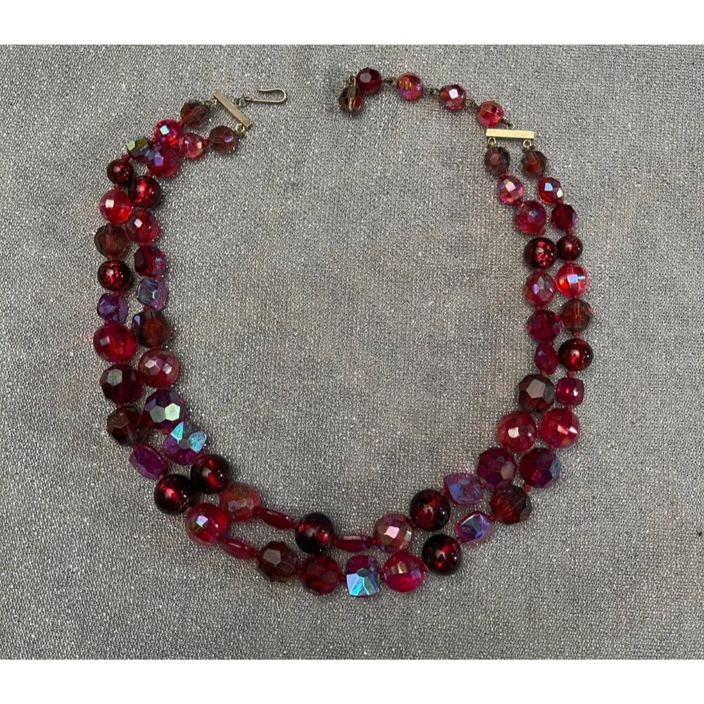 Vintage 50s Red Crystal Necklace Retro 1950s Aurora Borealis Double Strand